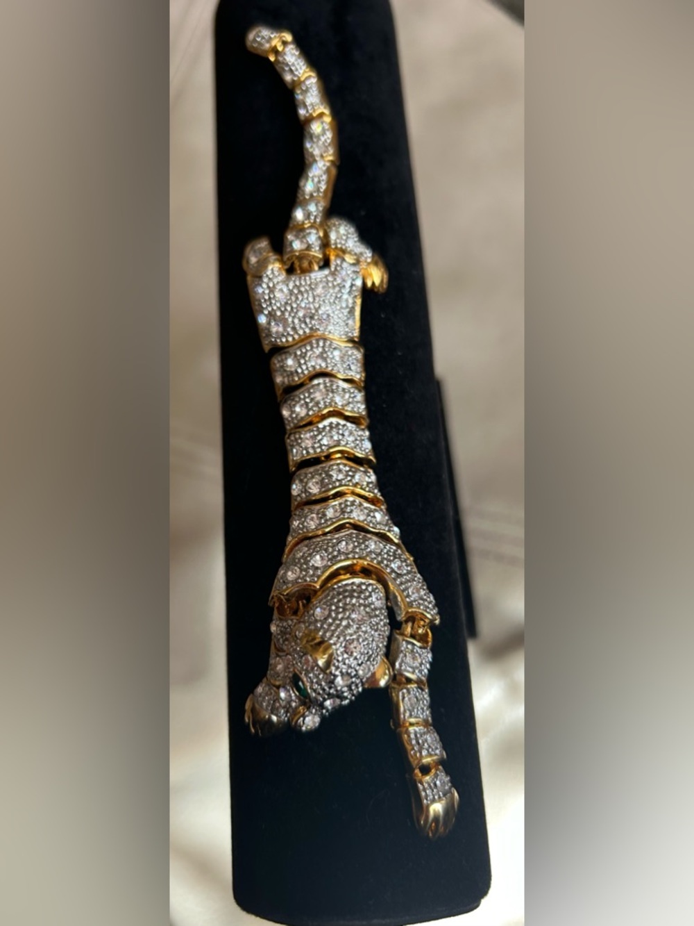 Vintage broach articulated Gold Tone Silver Crystal Panther Pendant.